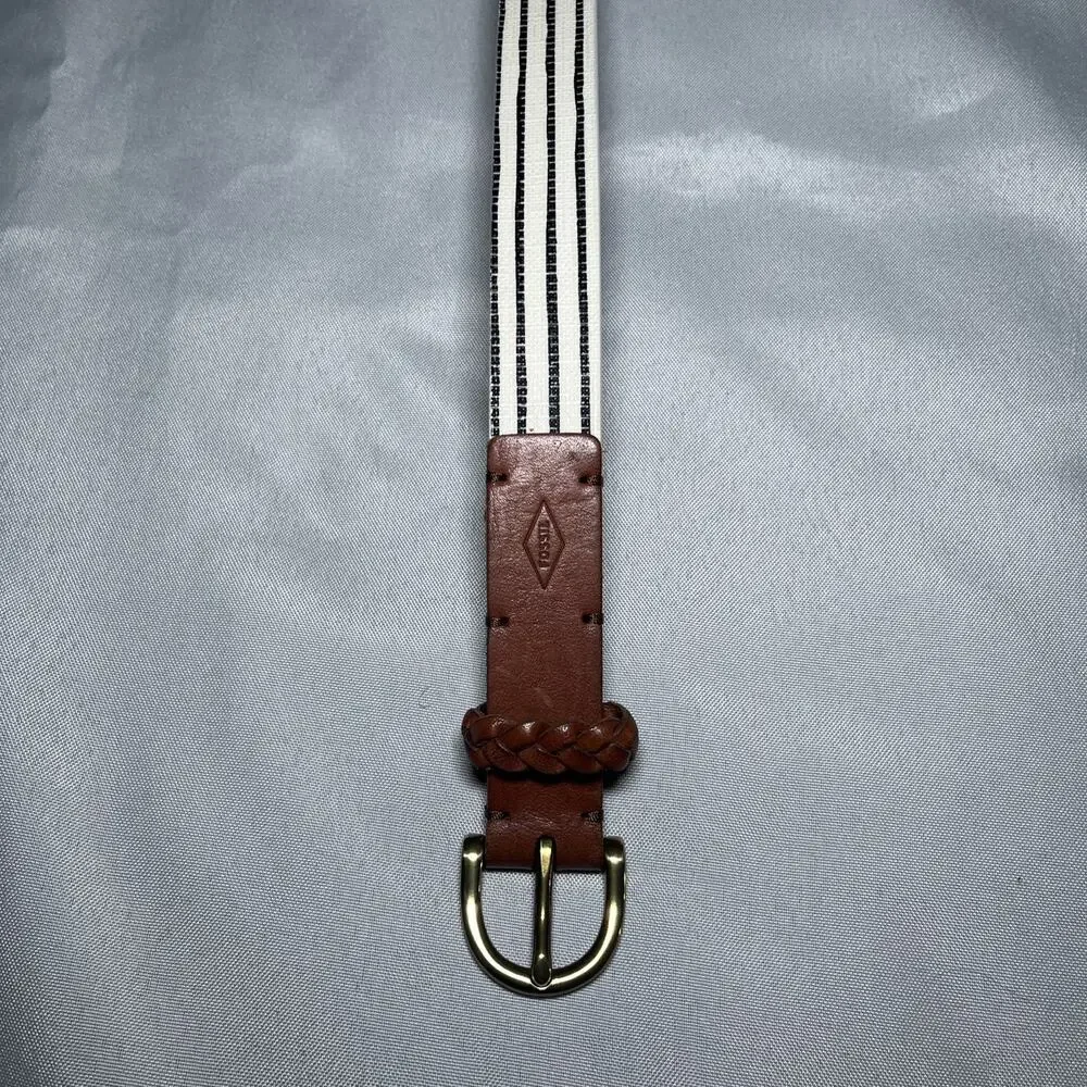 Women's Fossil Belt Cream Blue Stripe w/ Brown Leather Accent Size S EUC